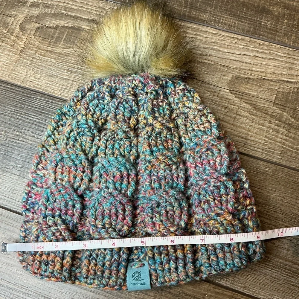 Cable Knit Crochet Beanie Hat Handcrafted With Faux Fur Pom Handmade Red Blue